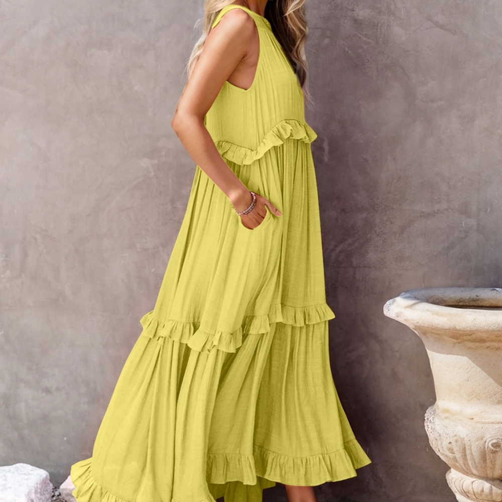 Green Ruffled Sleeveless Tiered Maxi Dress with Pockets - Picture 9 of 13